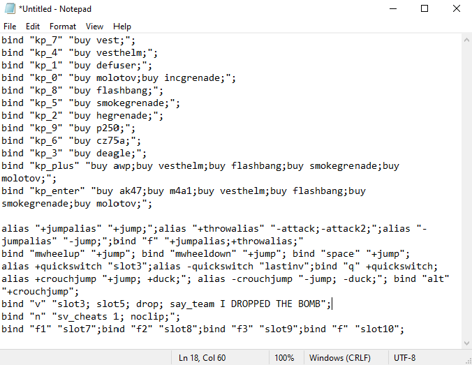 Counter-Strike 2 (CS2) Binds In Notepad Text Editor