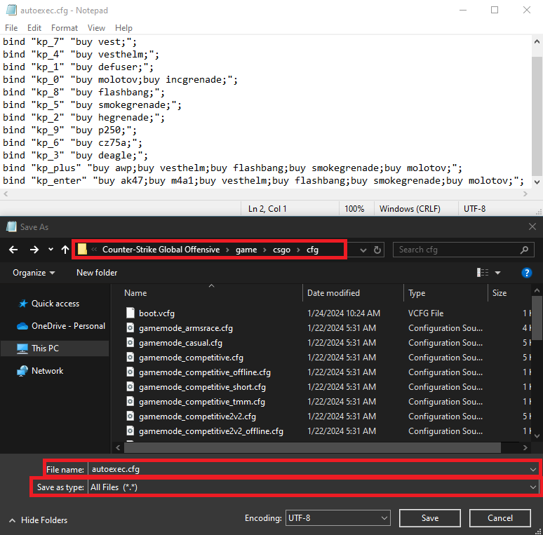 Save Counter-Strike 2 autoexec.cfg in CS2 cfg folder