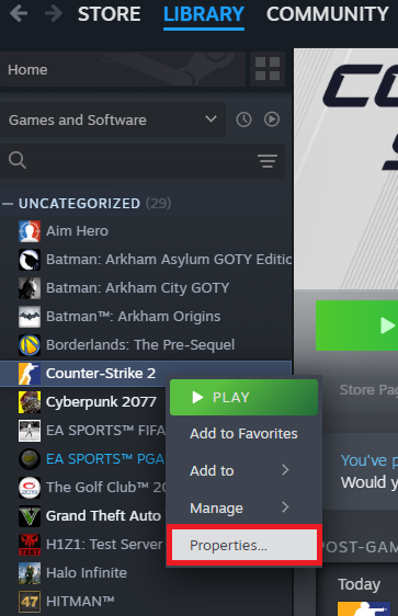 Counter-Strike 2 (CS2) Properties In Steam Library